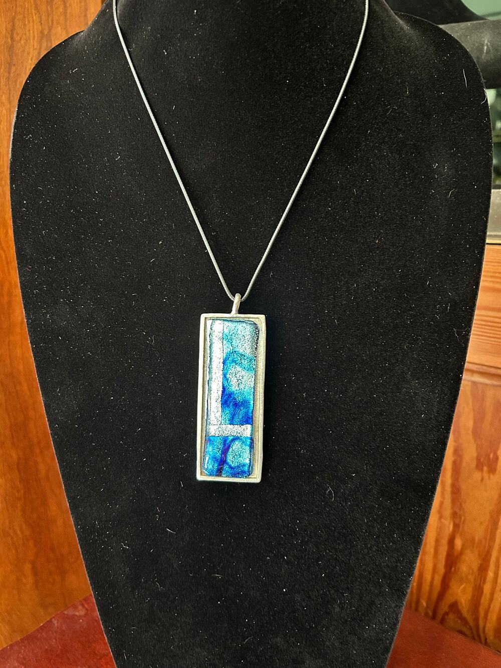 Vintage Dichroic Glass Pendant Necklace Blue Silver Tone Shimmer Artisan